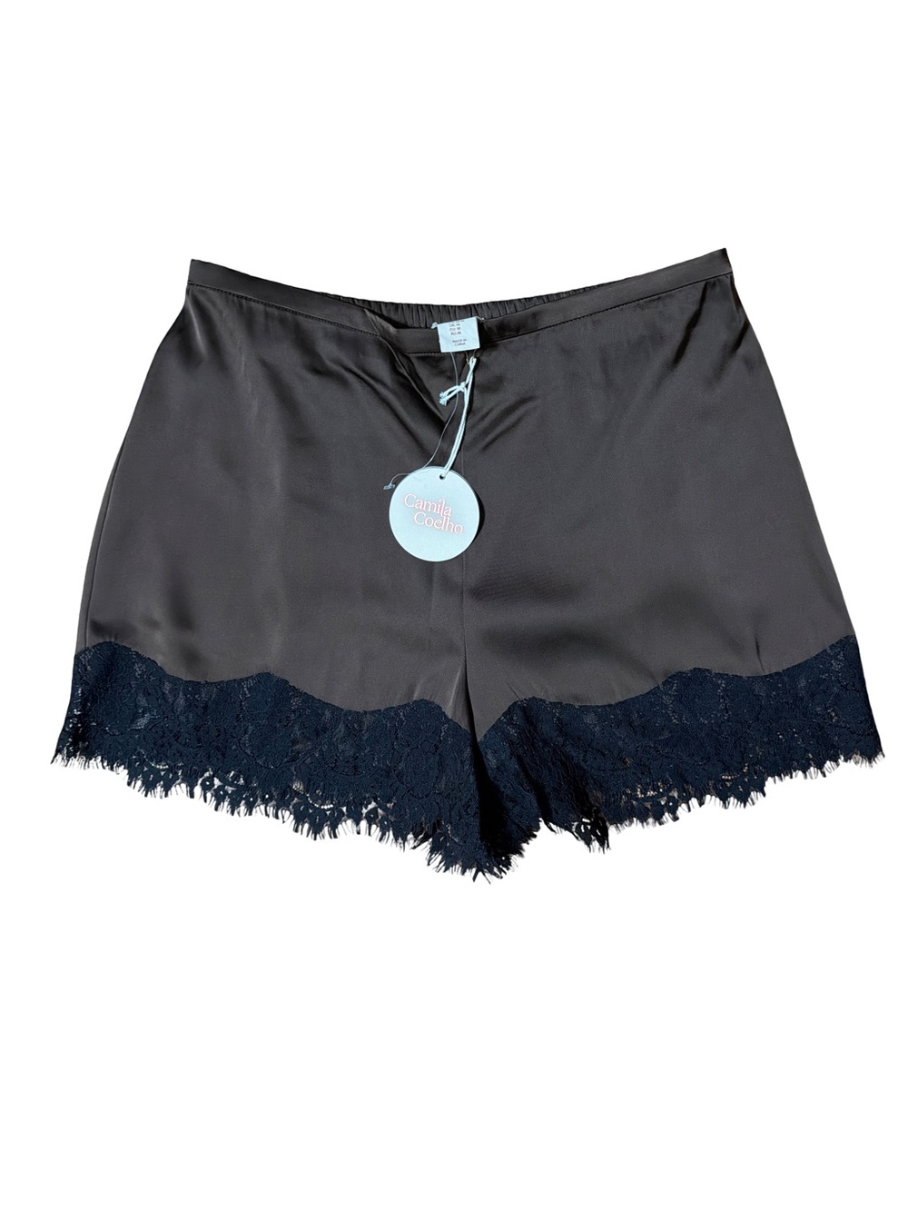 Camila Coelho Brown & Black Satin Lace-Trim Shorts- Size M